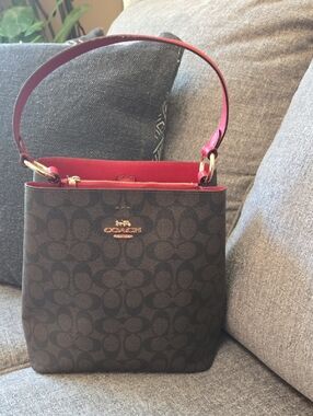 Coach Brown Signature Canvas Bucket Bag with RED Trim